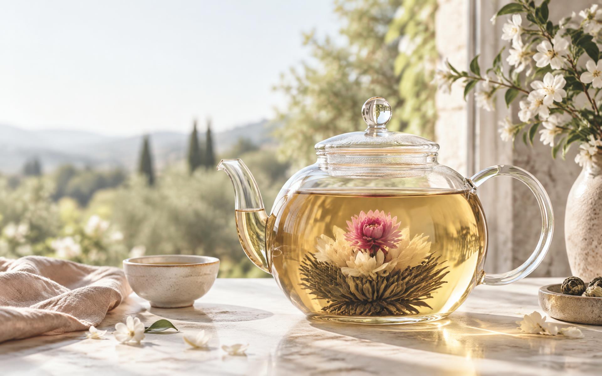 Fleur de thé déployée dans une théière en verre